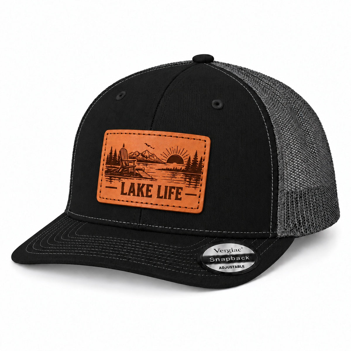 Lake Life Lakeside Chair And Mountain Graphic Leather Patch Trucker Hat