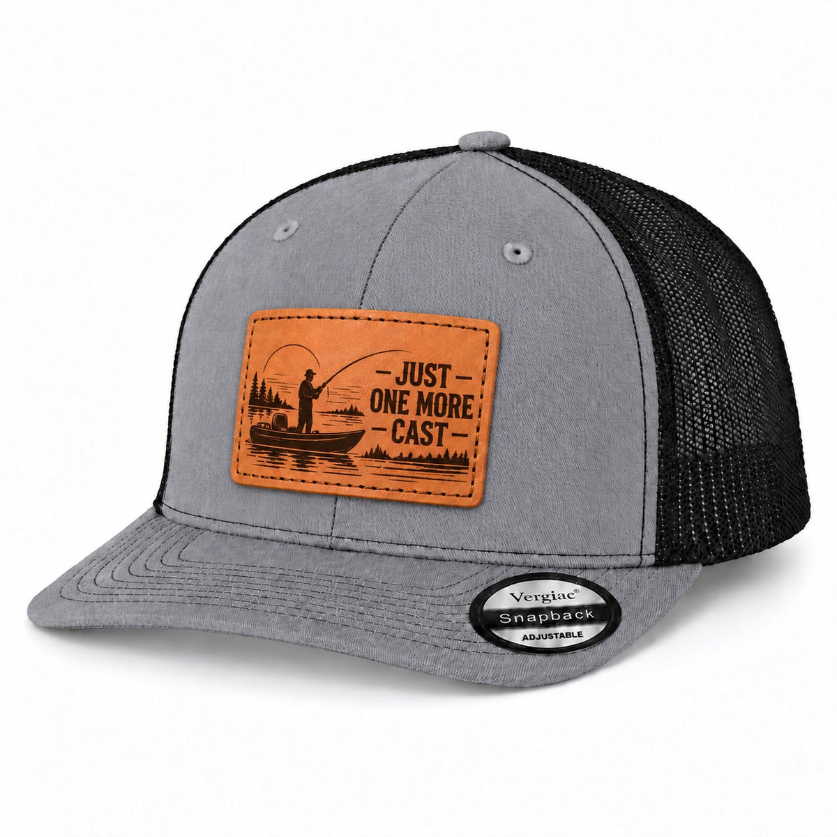 Just One More Cast Boat And Fishing Cast Graphic Leather Patch Trucker Hat