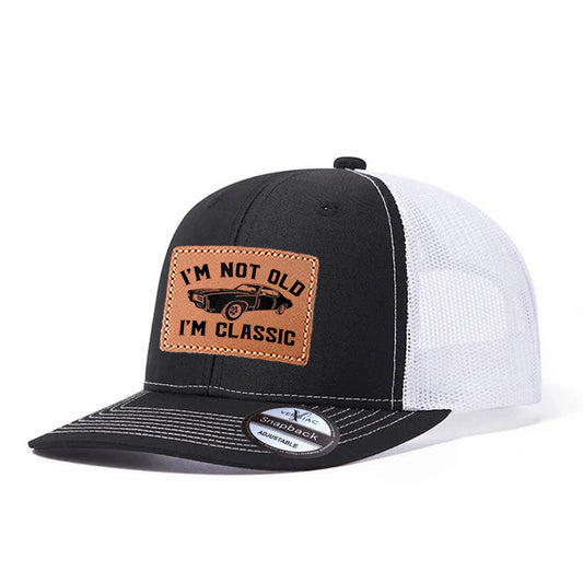 I'M NOT OLD I'M CLASSIC Lettering Leather Patch Baseball Cap, Men's Breathable Adjustable Mesh Trucker Hat for Outdoor and Travel Wear
