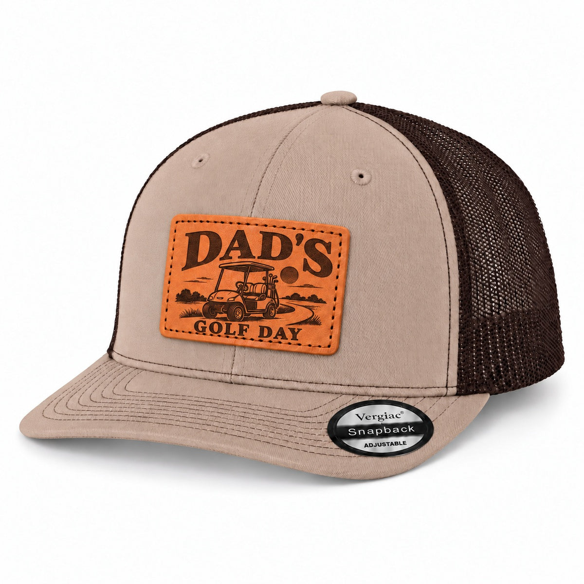 Dad's Golf Day Golf Cart Graphic Leather Patch Trucker Hat