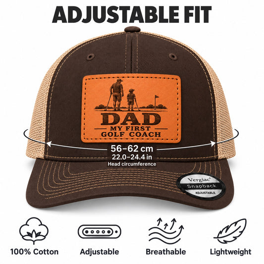 Dad My First Golf Coach Leather Patch Trucker Hat