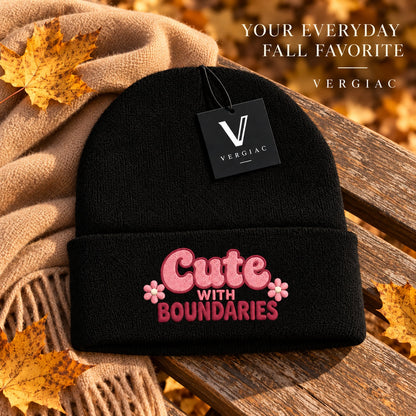 A Cute WITH BOUNDARIES Embroidered Acrylic Knitted Hat Unisex High Elasticity High Gram Weight Warm and Comfortable