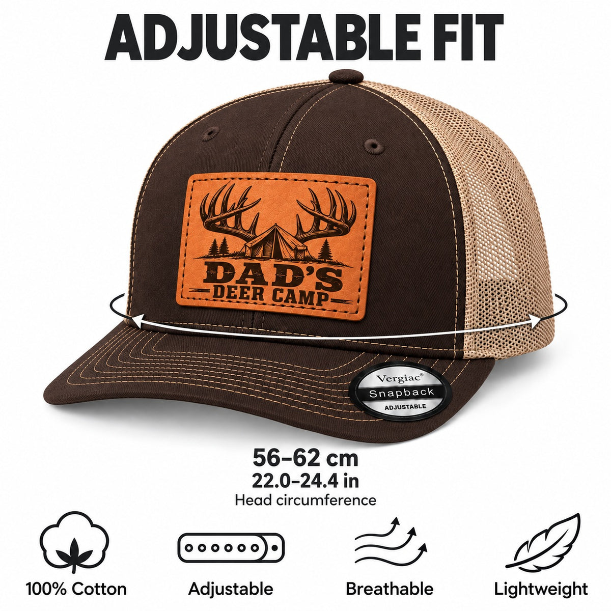 Dad's Deer Camp Antler And Tent Graphic Leather Patch Trucker Hat