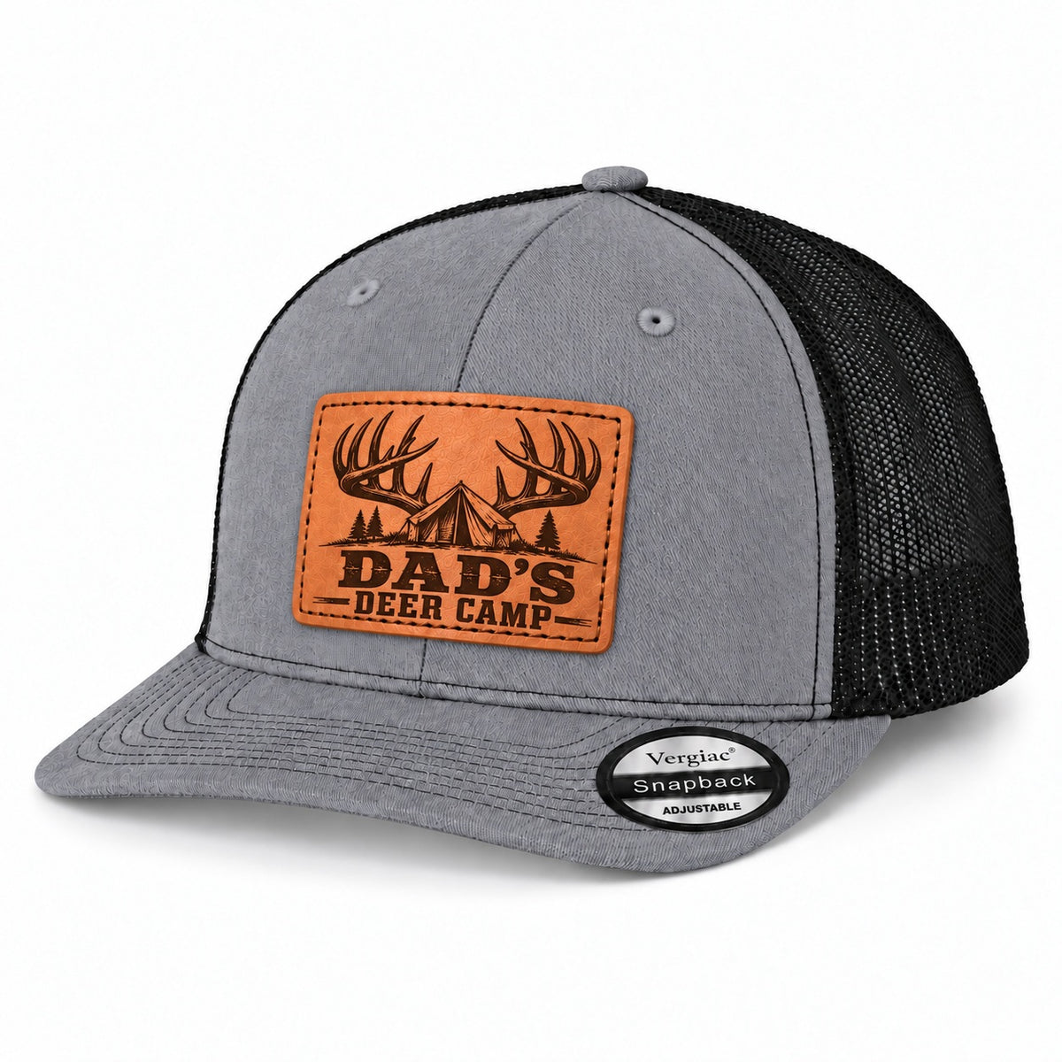Dad's Deer Camp Antler And Tent Graphic Leather Patch Trucker Hat