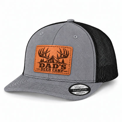 Dad's Deer Camp Antler And Tent Graphic Leather Patch Trucker Hat