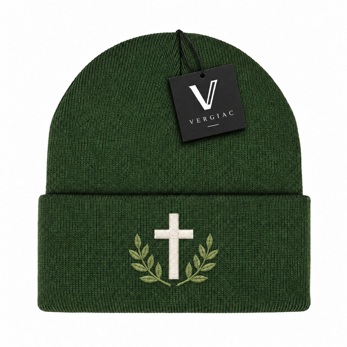 A Cross and Olive Branches Embroidered Acrylic Knitted Hat Unisex High Elasticity High Gram Weight Warm and Comfortable