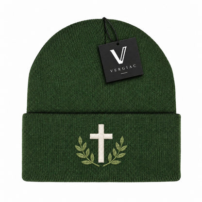 A Cross and Olive Branches Embroidered Acrylic Knitted Hat Unisex High Elasticity High Gram Weight Warm and Comfortable