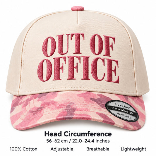 OUT OF OFFICE Vintage Letter Embroidered 5-Panel Cotton Trucker Hat with Printed Brim and Structured Front, Adjustable Unisex Baseball Cap, 1 Piece