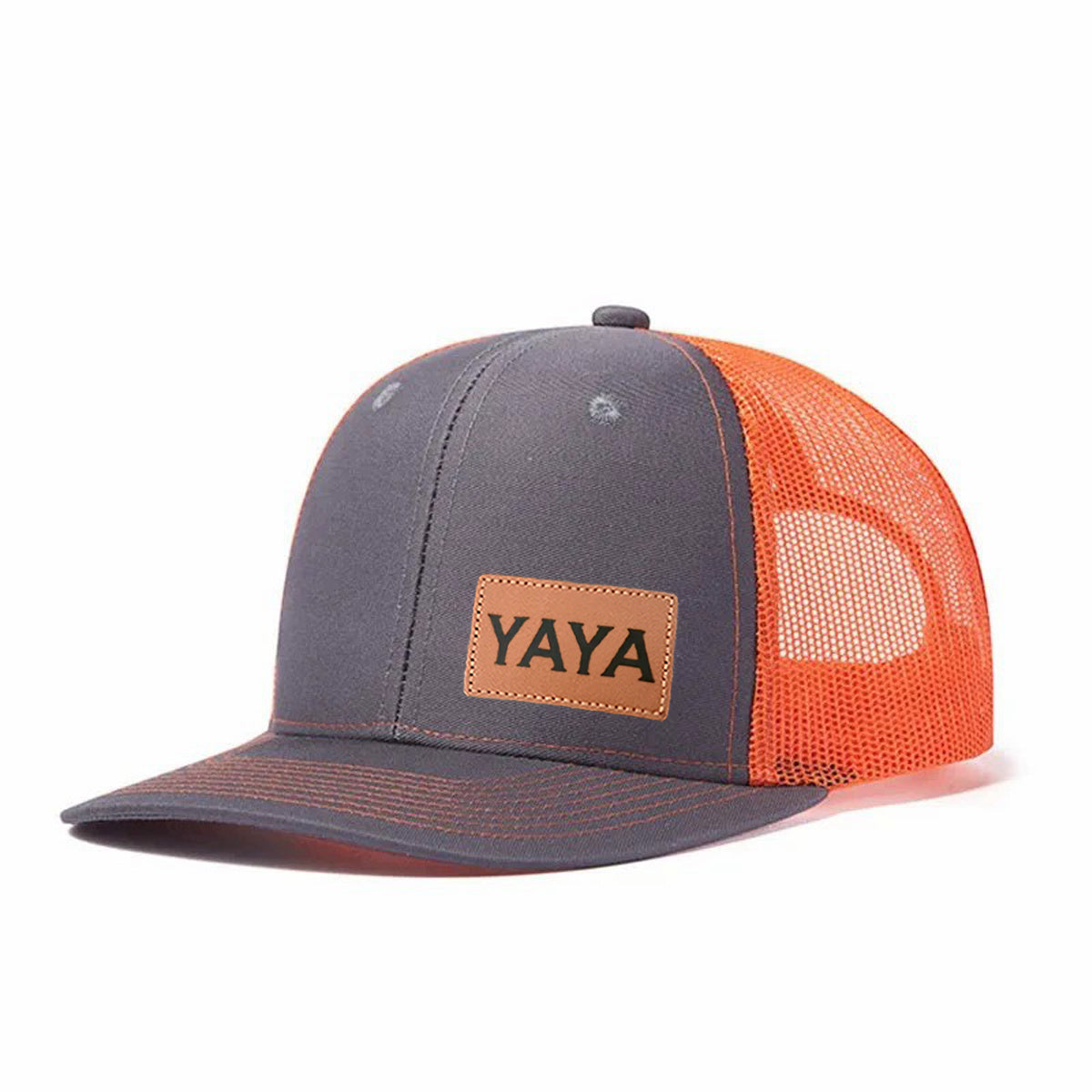 YAYA Leather Patch Embroidered Color Block Trucker Hat Unisex Adjustable Cotton Breathable Fashion Cap for Travel Daily Wear