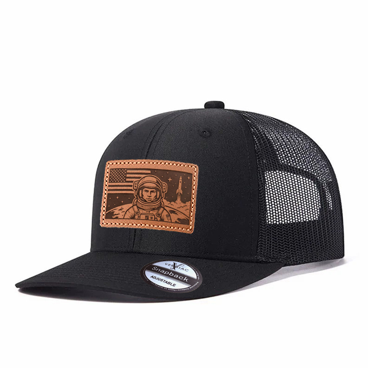 American Astronaut and Rocket Leather Patch Baseball Cap, Men's Breathable Adjustable Mesh Trucker Hat for Outdoor and Travel Wear