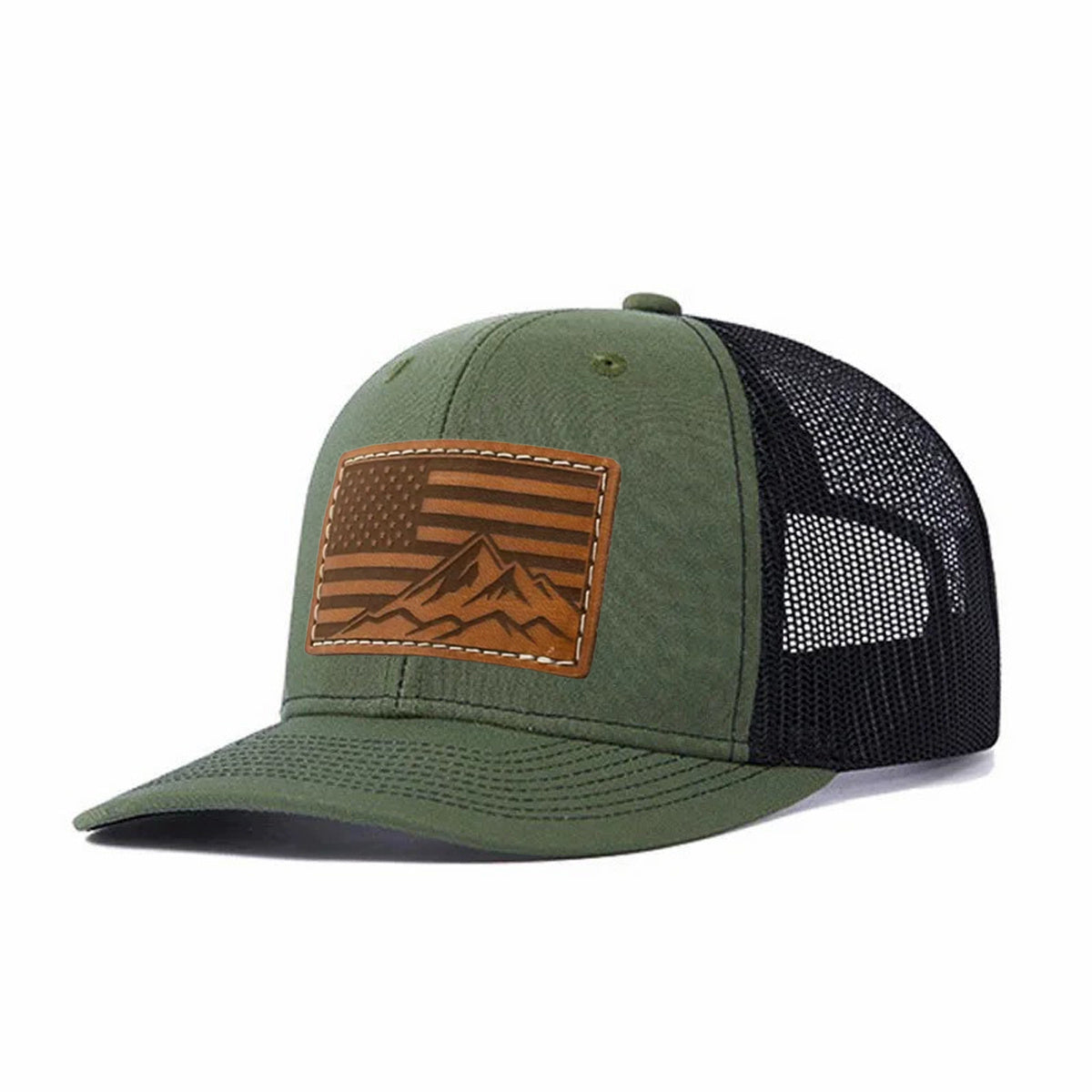 USA Flag Mountain Leather Patch Trucker Hat