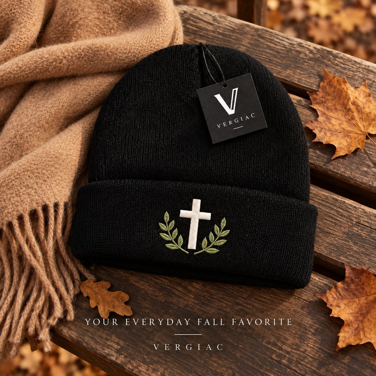 A Cross and Olive Branches Embroidered Acrylic Knitted Hat Unisex High Elasticity High Gram Weight Warm and Comfortable