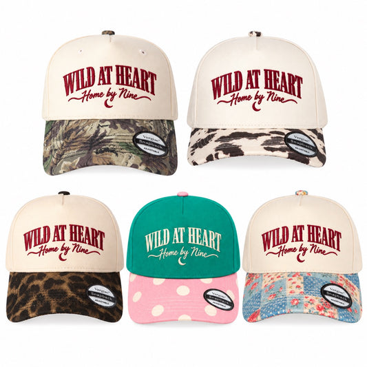 WILD AT HEART Home by Nine Moon and Letter Embroidered 5-Panel Cotton Trucker Hat with Printed Brim and Structured Front, Adjustable Unisex Baseball Cap, 1 Piece