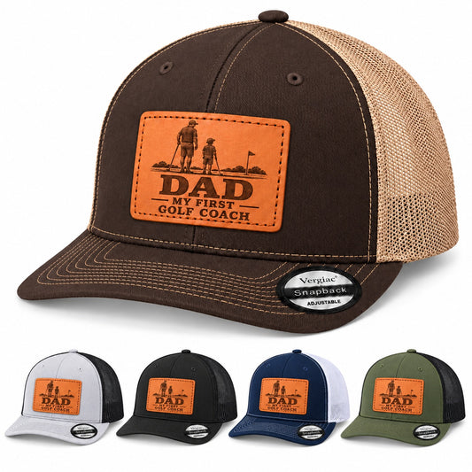 Dad My First Golf Coach Leather Patch Trucker Hat
