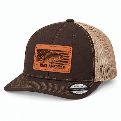 Reel American American Flag And Bass Graphic Leather Patch Trucker Hat