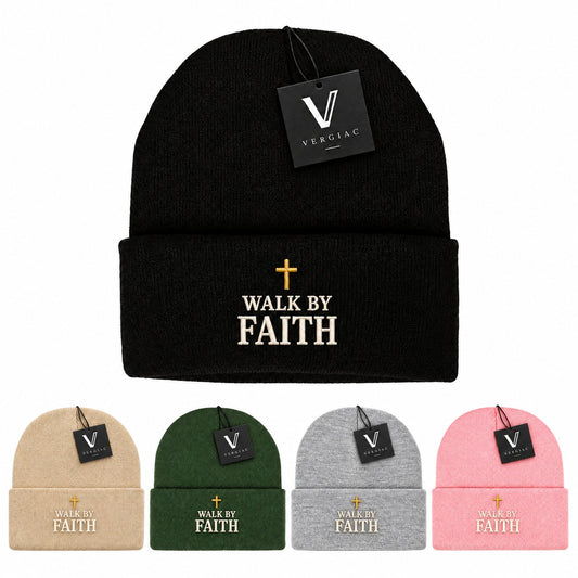 A WALK BY FAITH Embroidered Acrylic Knitted Hat Unisex High Elasticity High Gram Weight Warm and Comfortable