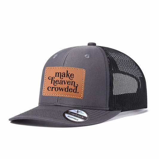 Make heaven crowded Lettering Leather Patch Baseball Cap, Men's Breathable Adjustable Mesh Trucker Hat for Outdoor and Travel Wear