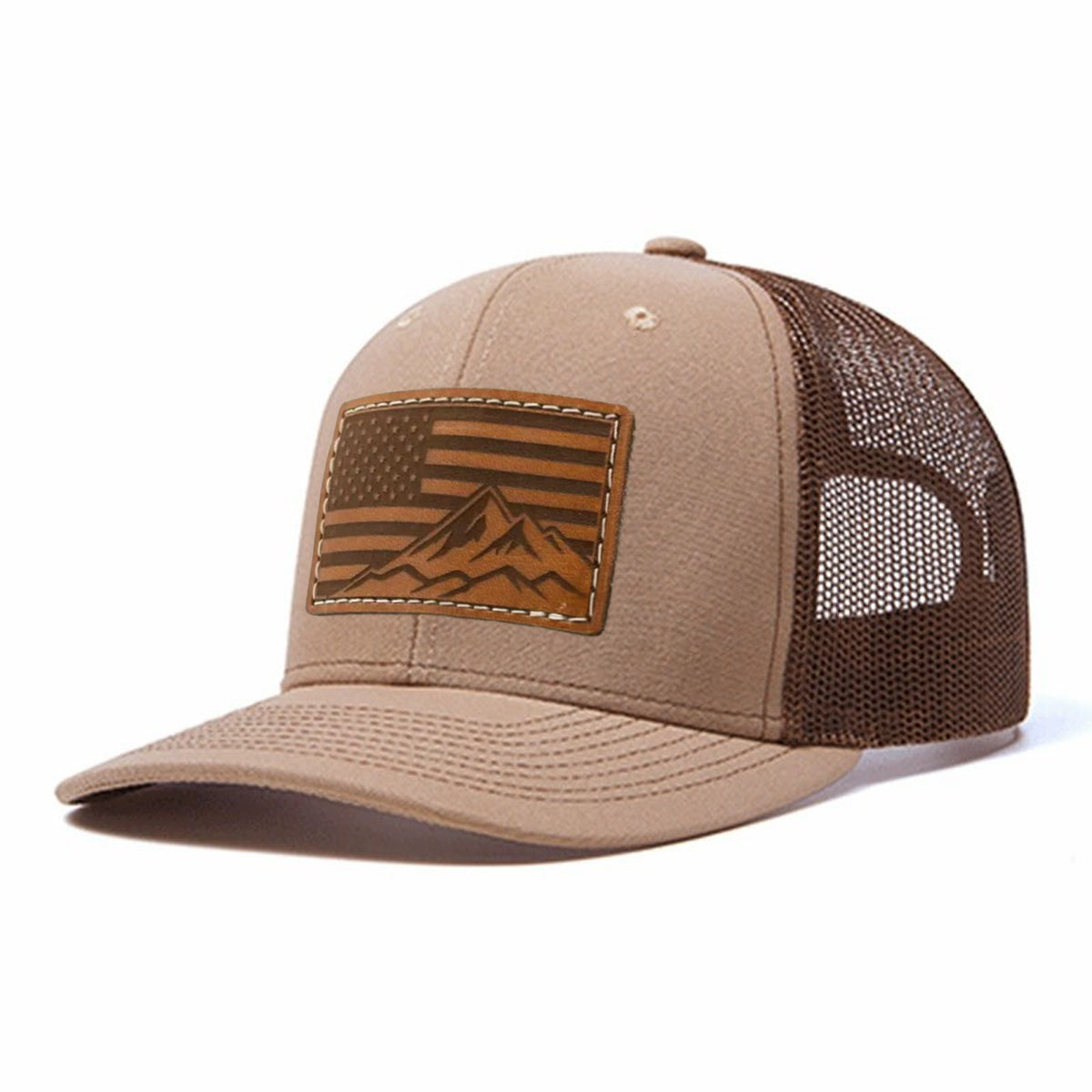 USA Flag Mountain Leather Patch Trucker Hat