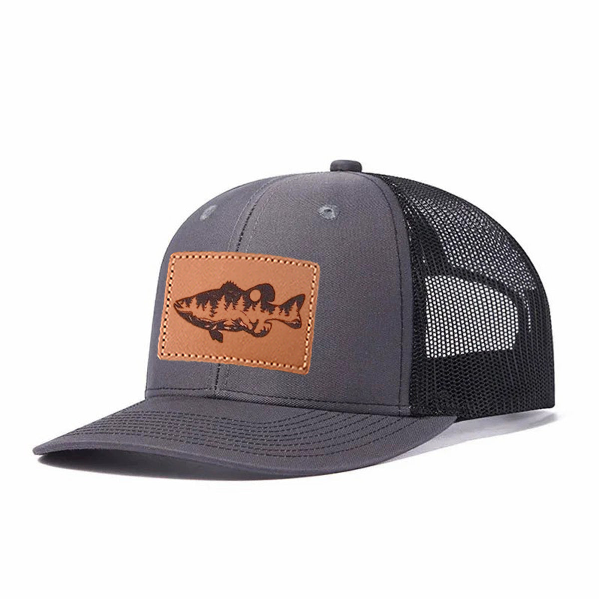 Largemouth Bass Scene Leather Patch Trucker Hat