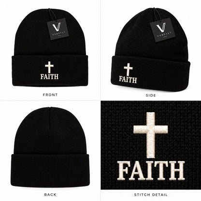 A FAITH Embroidered Acrylic Knitted Hat Unisex High Elasticity High Gram Weight Warm and Comfortable