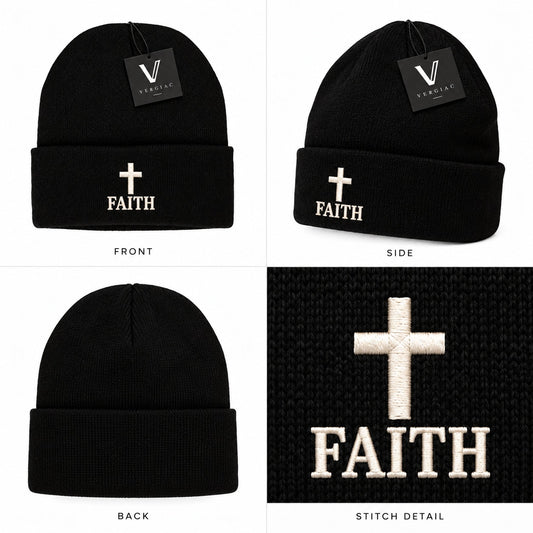 A FAITH Embroidered Acrylic Knitted Hat Unisex High Elasticity High Gram Weight Warm and Comfortable