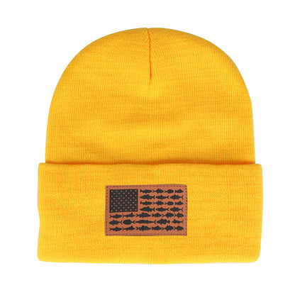 American Flag Leather Patch Beanie