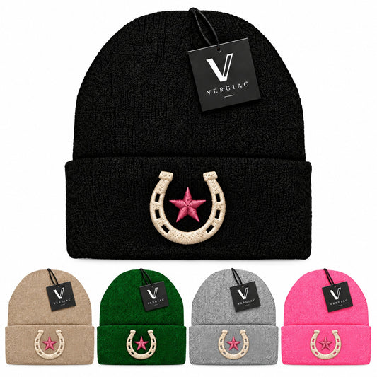 A Horseshoe and Star Embroidered Acrylic Knitted Hat Unisex High Elasticity High Gram Weight Warm and Comfortable