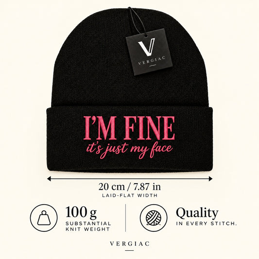 A I'M FINE it's just my face Embroidered Acrylic Knitted Hat Unisex High Elasticity High Gram Weight Warm and Comfortable