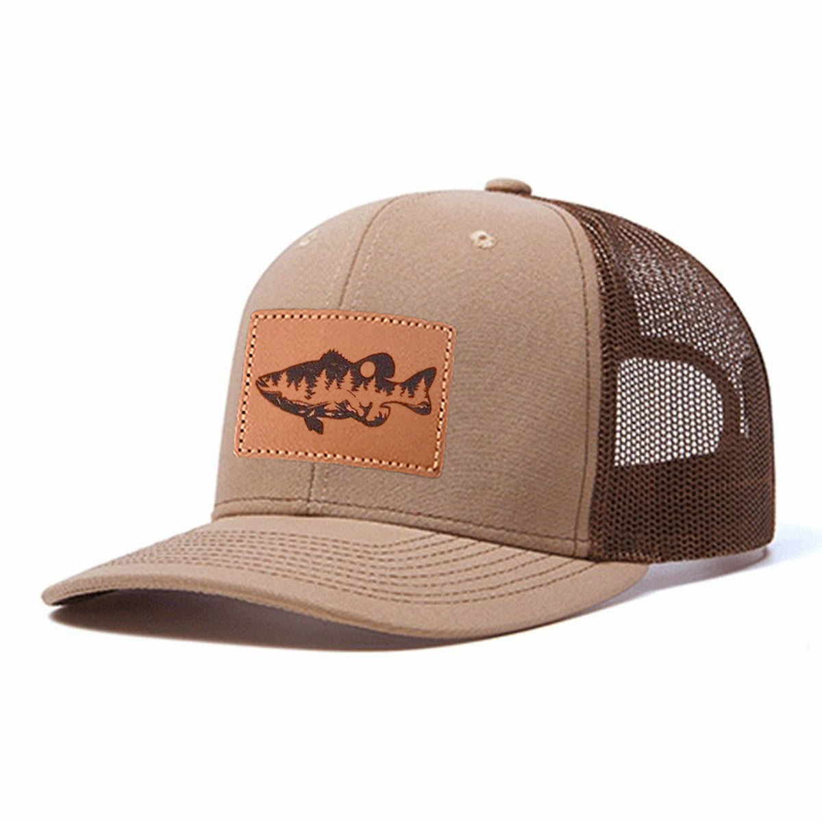 Largemouth Bass Scene Leather Patch Trucker Hat