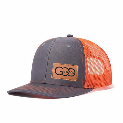 God Is Good Leather Patch Trucker Hat