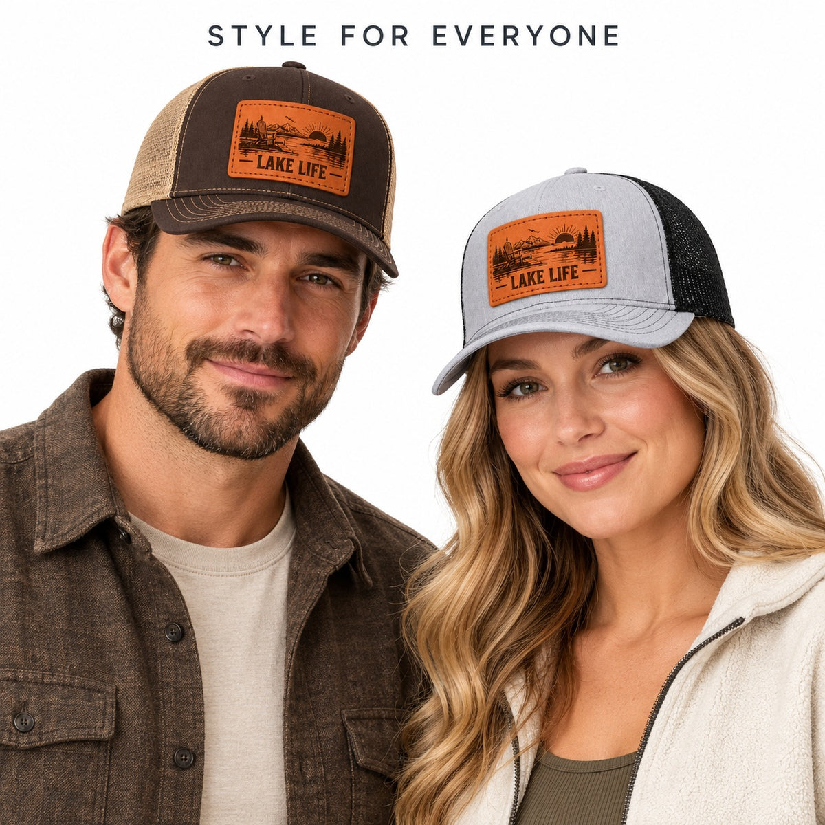 Lake Life Lakeside Chair And Mountain Graphic Leather Patch Trucker Hat