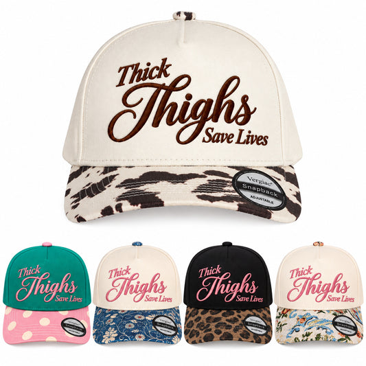 Thick Thighs Save Lives Decorative Script Embroidered 5-Panel Cotton Trucker Hat with Printed Brim and Structured Front, Adjustable Unisex Baseball Cap, 1 Piece